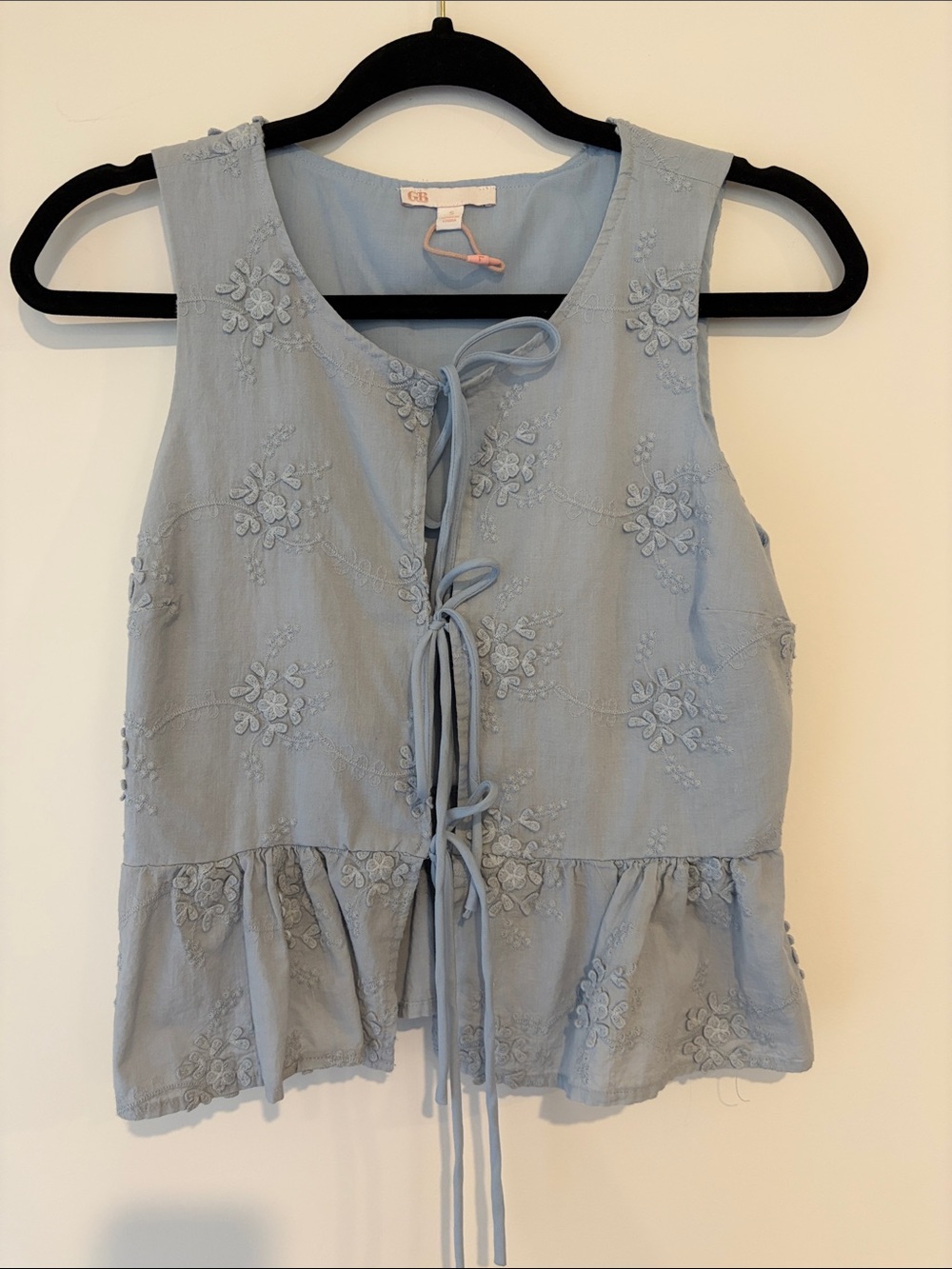 Gianni Bini Pale Blue Embroidered Tie-Front Peplum Camisole